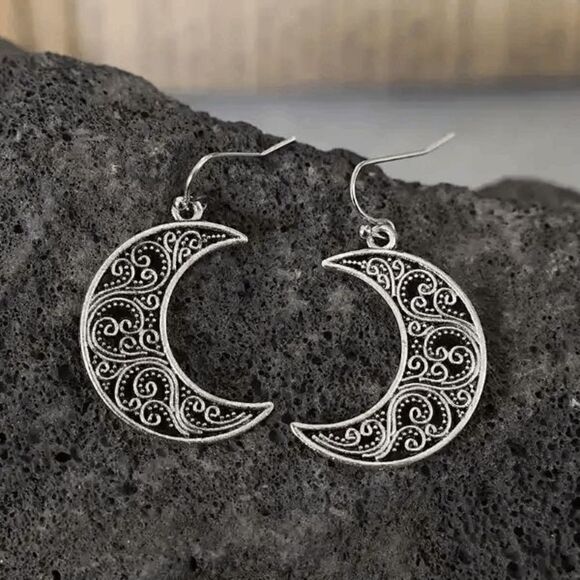 Crescent Moon Filagree Design Silver Dangle Earrings - Picture 3 of 5